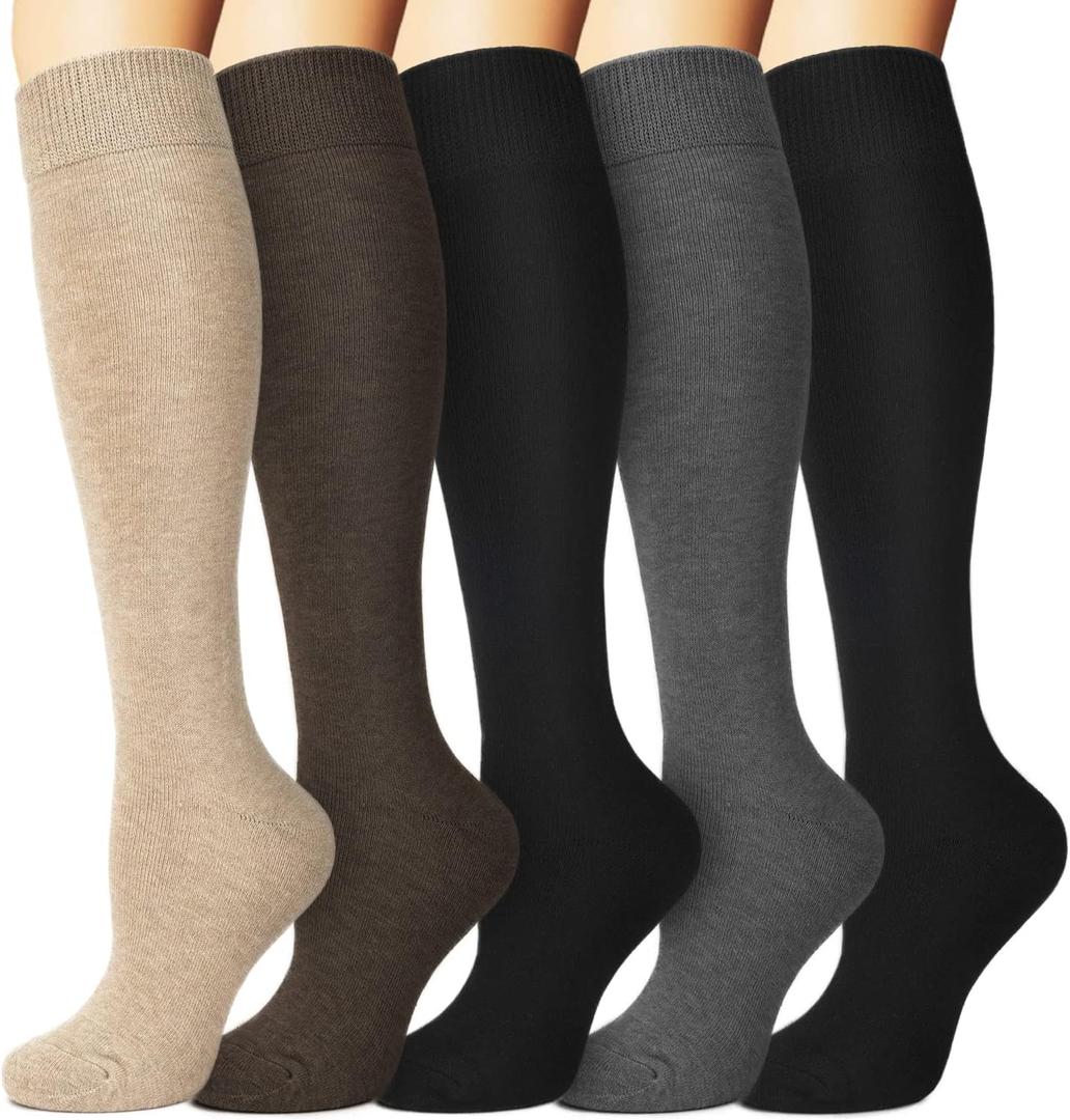 we fleece 5 Pairs Warm Knee High Socks for Women-Thermal Cotton Socks for Hiking,Work,Winter,Gifts (One Size, 5pack Black/Grey/Brown/Beige/Black)