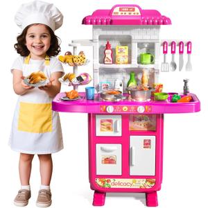 MSKOLER Kids Kitchen Playset for Ages 3-6 4-8, Play Kitchen with Light, Sound and Spraying, Sink Toy Accessories, Cooking Stoves, Pretend Food Toys for Toddlers 3-5 Boys Girls 6-12