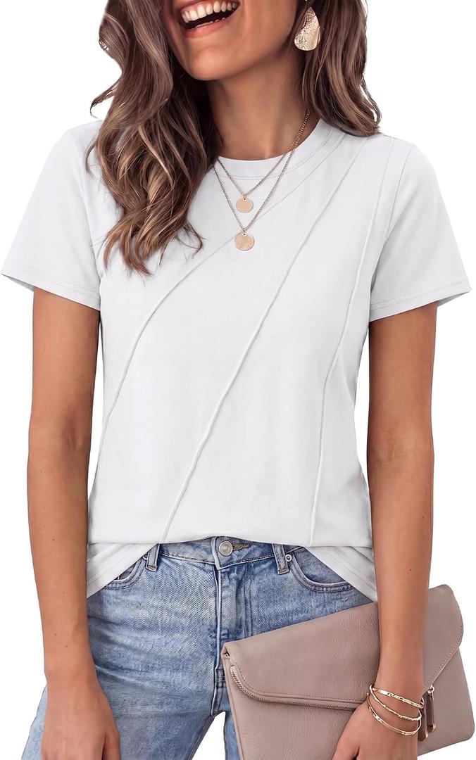 LUXVEER Women's Short Sleeve Tops Pleated Crewneck Loose Fit T Shirt Business Casual Dressy Work Shirts 2026 Summer Blouses (White, S)