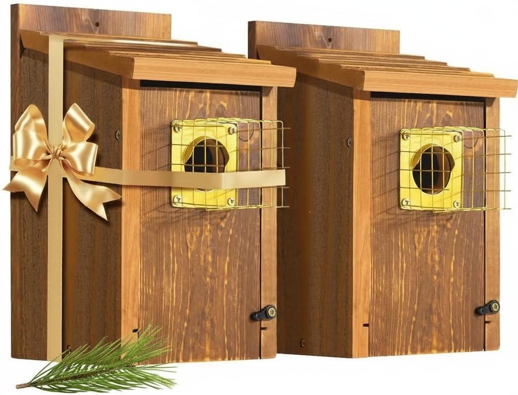 2pk Fortress Bluebird House for Outdoor Clearance - Metal Entry Cage, Mesh Base & Brass Guard - Cedar Bird House for Bluebirds, Finches, Patented Design, Weatherable 5 Years Usage, 6"x7", 2026 Updated