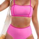 Herseas Women's 2 Pieces Colorblock Bikini Sets Square Neck Swimsuit Adjustable Spaghetti Straps Bathing Suit (Pink, XL)