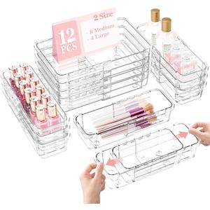 DILIBRA 12 Pcs Clear Extendable Drawer Organizer, Adjustable Drawer Storage 2-Size Desk Drawer Organizer, Plastic Non-Slip Storage Bins for Makeup, Cosmetic, Jewelries, Utensils, Stationery, Dressers