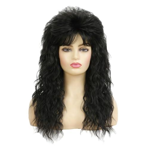 Amnenl Long Black Curly Wigs for Women Mullet Wig with Bangs 70s 80s Costume Wigs for Halloween Daily Part Use