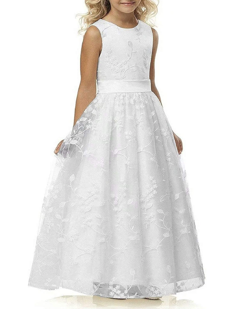 A line Wedding Pageant Lace Flower Girl Dress with Belt 10-11Y