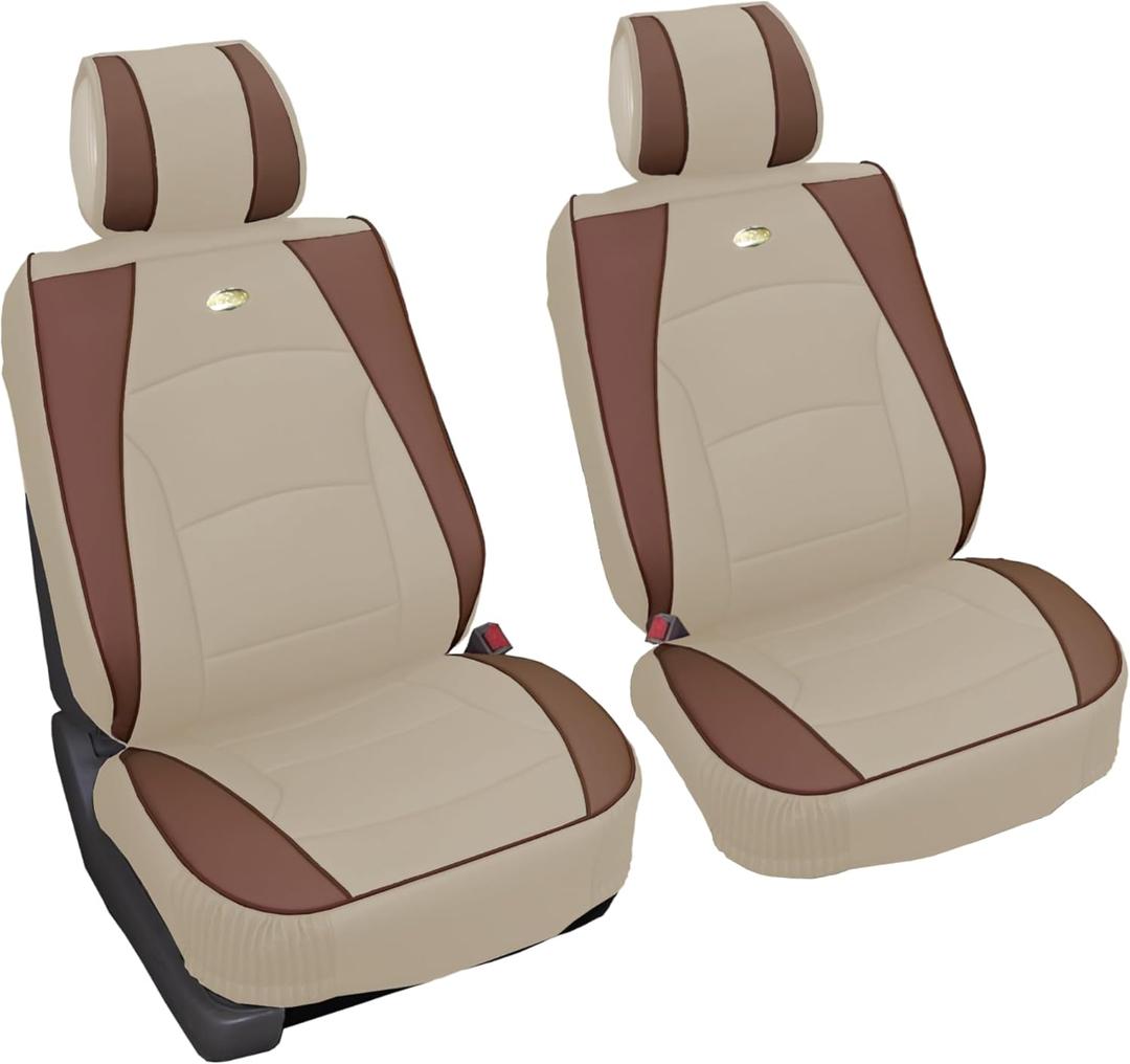 FH Group Front Set Faux Leather Car Seat Cover Cushions for Low Back Seat, Universal Fit, Airbag Compatible Seat Cover for SUV, Sedan, Van, Beige Tan