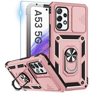 Goton Compatible with Samsung Galaxy A53 5G Case with Camera Cover & Kickstand Ring with Tempered Glass Screen Protector, Military Grade Shockproof Protective Bumper Cover Rose Gold