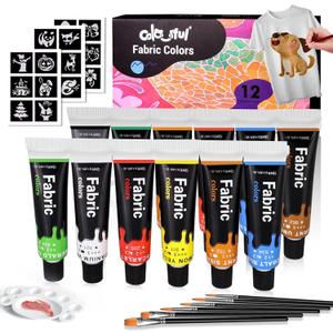 Colorful Fabric Paint Set for Clothes 12 Colors - Permanent Textile Paint Kit for Shoes, Canvas - Non-Toxic Slick Painting Set for Adults, Beginner & Artists (0.4 Fl Oz (Pack of 12))