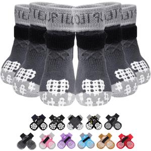 PUPTECK Non-Slip Dog Socks, Double Sides Grips Dog Boots & Paw Protectors for Hardwood Floors Prevents Licking Paws, Adjustable Dog Shoes for Senior Medium Dogs (Medium (6 Count), Grey(Cable Knit))