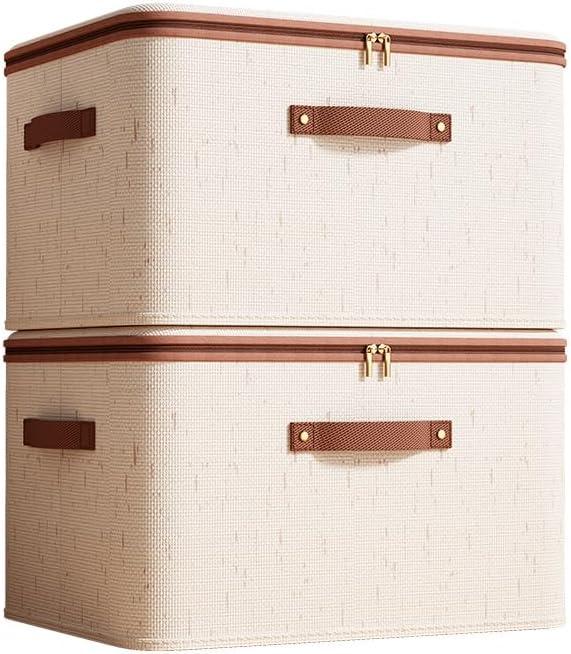 2-Pack Storage Bins with Lids, 56L Fabric Storage Boxes with Handles, Breathable Cotton Linen Clothes organizing Box for Wardrobe, Closet (XX large 49 * 37 * 31cm)