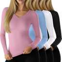 Neer 4 Pack Women's Workout Tops Long Sleeve Compression Shirt Athletic Tight V Neck T Shirt Gym Yoga Running Lightweight Tee(Pink, Blue, White, Black, XX-Large)