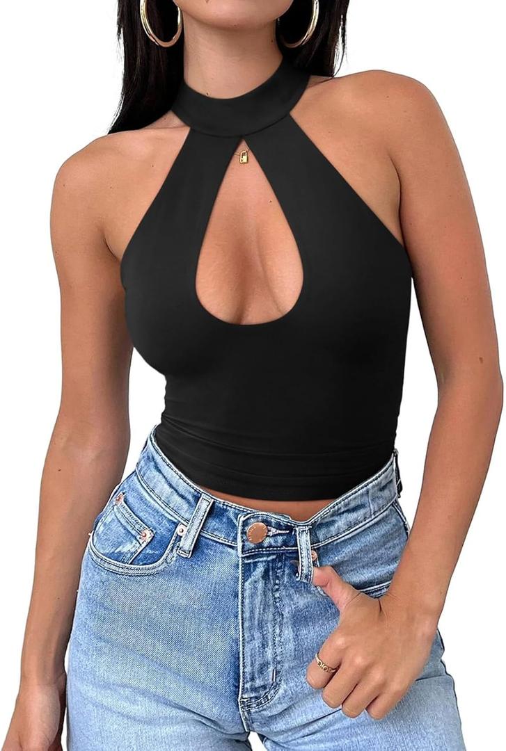 REORIA Women's Sexy Criss Cross Halter Neck Crop Tops Trendy Sleeveless Y2K Nightout Clubwear Going Out Tops (Medium, Black)