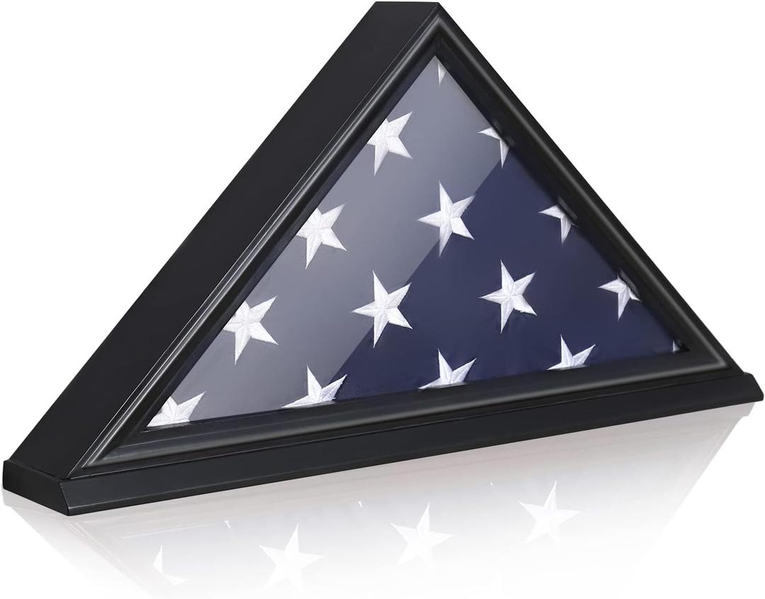Flag Display Case, Thick Bottom Edge Military Flag Box with High Transparent Glass Front, Solid Wood Wall Mounted Flag Case Shadow Box for 5'x9.5' American Veteran Burial Flag (Black)