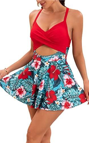 B2prity Women Cutout One Piece Skirt Swimsuit V Neck Wrap Tie Back Swimdress Tummy Control Bathing Suits, (Large, Red Floral)
