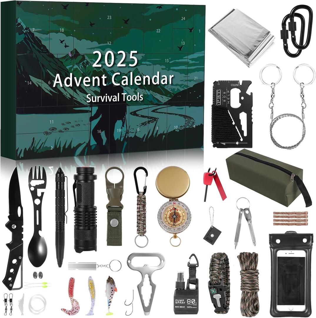 2025 Survival Kit Advent Calendar for Men - 24 Days of Premium Outdoor Tools & Emergency Gear,Ultimate Christmas Countdown Gift for Dad, Husband, Teen Boys for Camping, Hiking, Fishing