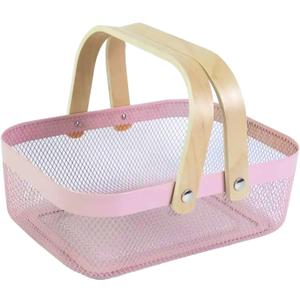 Metal Mesh Steel Basket, Storage Organizer Basket Garden Harvest Basket Multi-functional Kitchen Fruit Baskets Bin with Wooden Handle for Bathroom Picnic Shopping Decor Cabinet Home, Pink