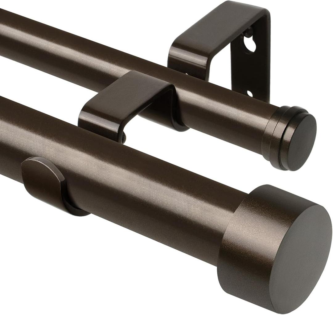 KAMANINA Double Curtain Rod for Windows 140 to 195 Inches (12-16 Feet), 1 Inch Heavy Duty Bronze Curtain Pole, Adjustable Double Rods with End Caps
