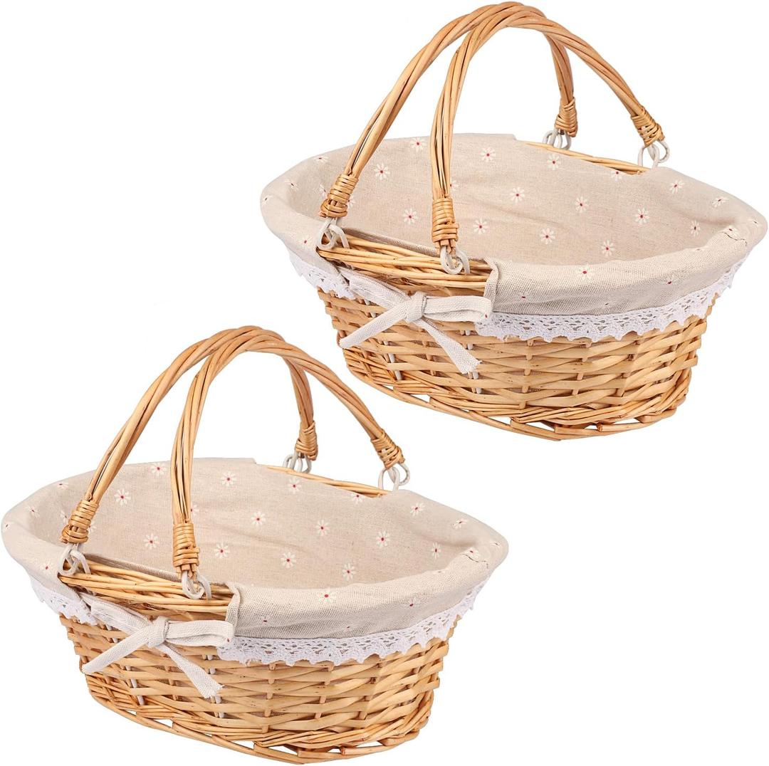 2 Pack Medium Size Wicker Basket with Handle, 12.6x9x4.7 inch Wicker Picnic Basket with Liner, Empty Gift Basket, Oval Willow Woven Basket for Fruit, Candy, Gathering, Wedding, Picnic, by,GNIEMCKIN (2 PCS medium natural color)
