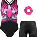 MODAFANS Gymnastics Leotards for Girls Sparkly Ballet Dance Unitards Biketards Tumbling Shorts Cross Back Activewear (12-13 Years, Magenta-Black Diamond Set)