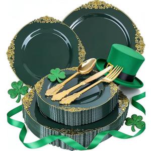 125PCS Green and Gold Plastic Plates - Fancy Green Disposable Plates - Vintage Plate with Gold Plastic Silverware Set for 25 Guests for Party Wedding St. Patrick's Day