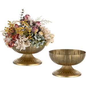 NUPTIO Gold Compote Vase for Centerpiece: 8.5" Wide Short Pedestal Footed Bowl for Flowers - Distressed Brass Urn for Decorative Wedding Table Set of 2