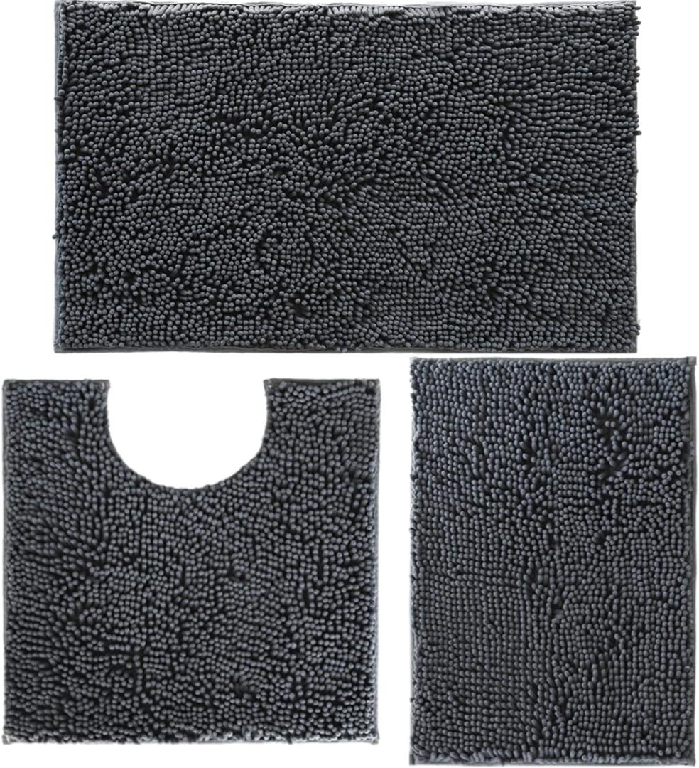 Bathroom Rugs Set Non Slip 3 Piece Bath Mat Washable Chenille Bath Rugs with PVC Backing Bath Carpet,Absorbent Bathroom Mats with Toilet Rug,Bath Mats for Bathroom,Bedroom, Kitchen,Tub,Home Decor (Charcoal Grey)