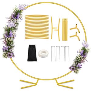 8FT Circle Arch Backdrop Stand for Parties, Round Balloon Arch Stand Kit with Base, Metal Gold Wedding Arches Frame Heavy Duty for Ceremony Birthday Baby Shower Gender Reveal Party Decoration