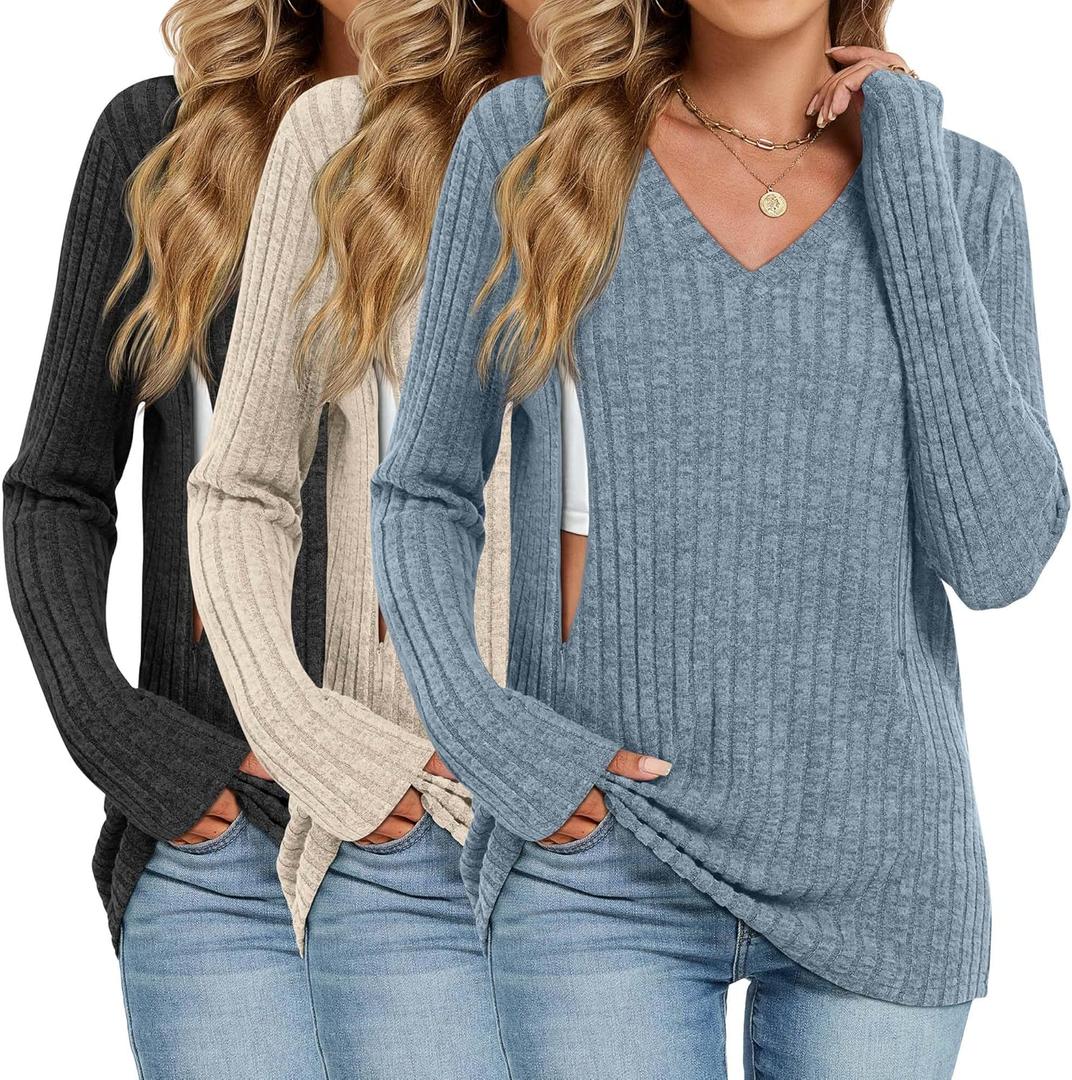 Oakgarden 3 Pack Women's Maternity Nursing Tops, V Neck Breastfeeding Sweaters Long Sleeve Hidden Zipper Shirts (Medium, Black, Apricot, Blue)