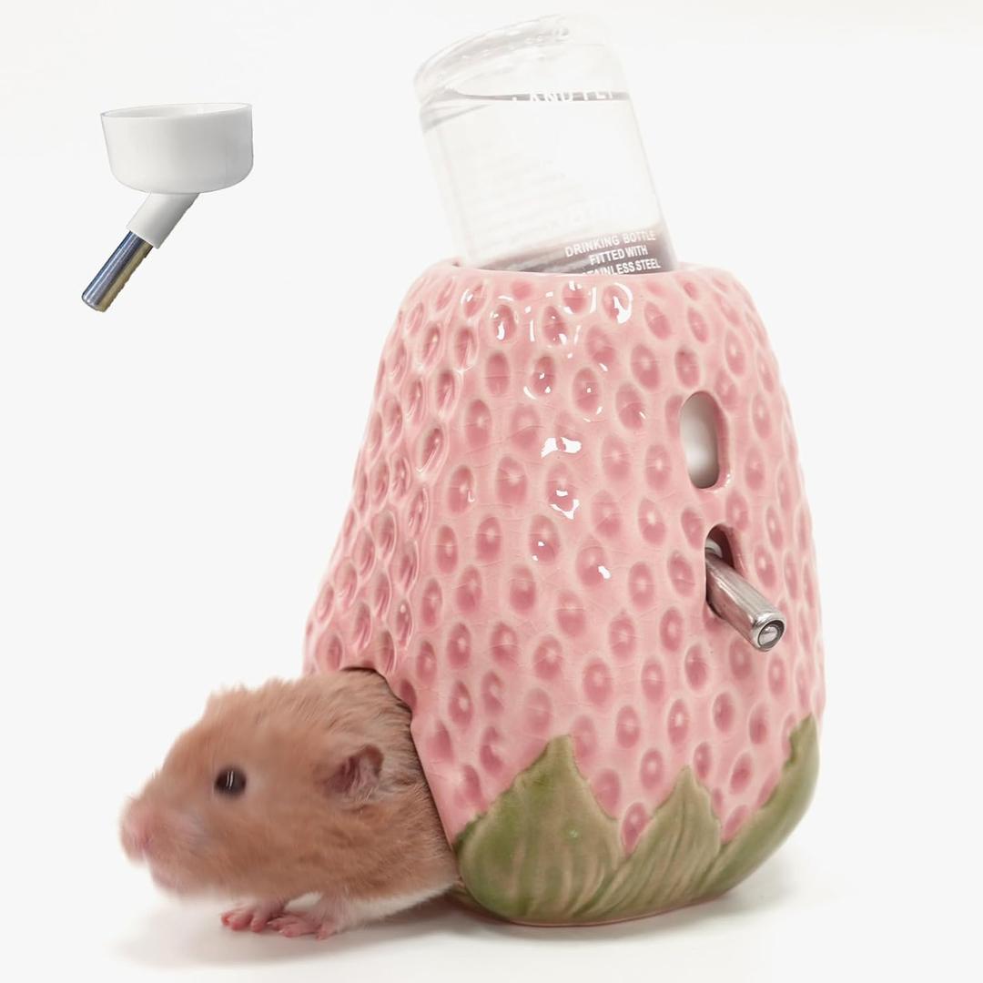 Hamster Water Bottle, Strawberry Ceramic Hamster Gerbil Water Bottle for Glass Tank, Dispenser, 80ML Bottle for Water Holder Stand with 2 No Drip Caps for Syrian Mice, GerbilPink