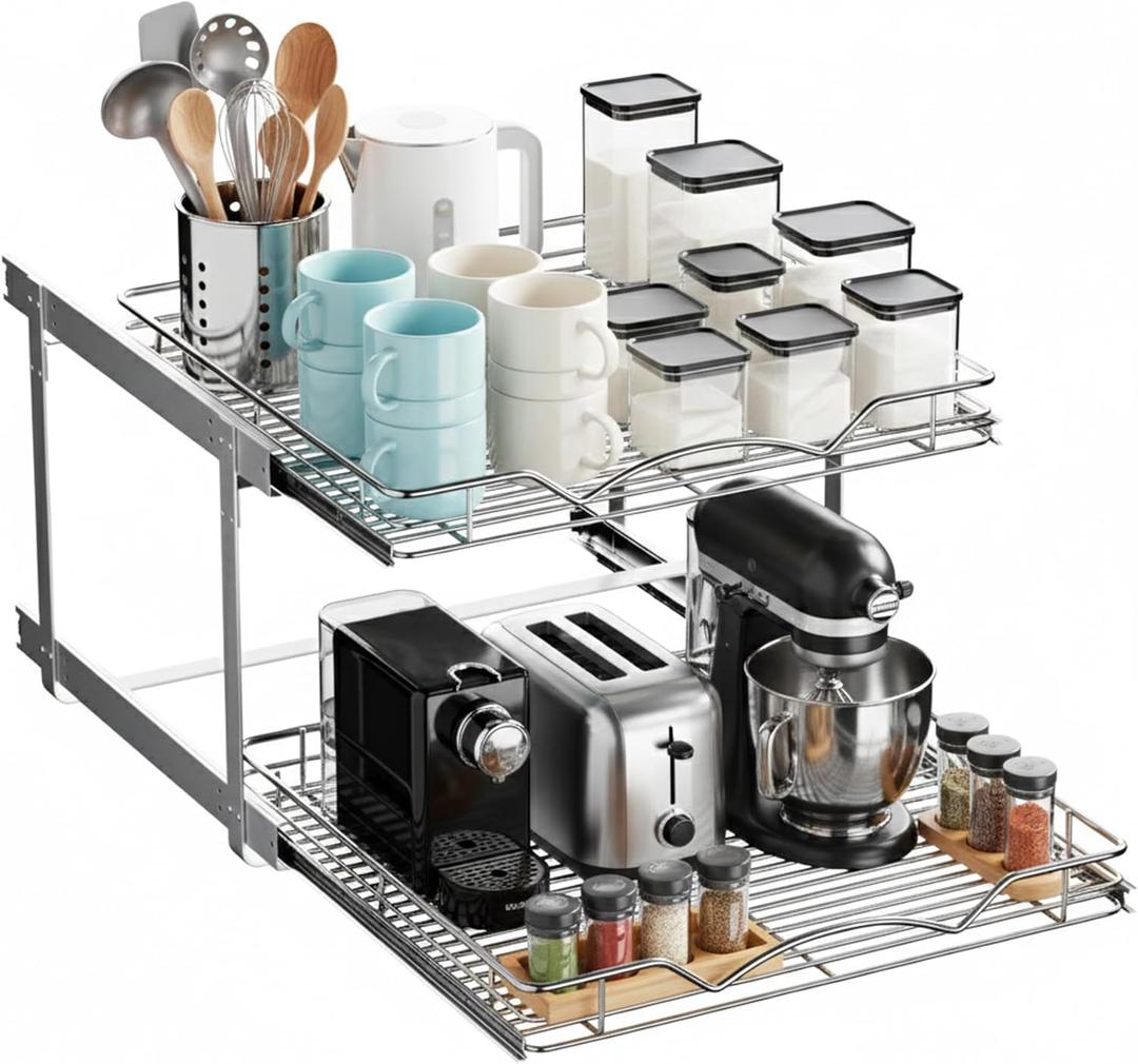 2-Tier Pull-Out Cabinet Organizer for Kitchen, 22" W x 21”D x 16.5" H