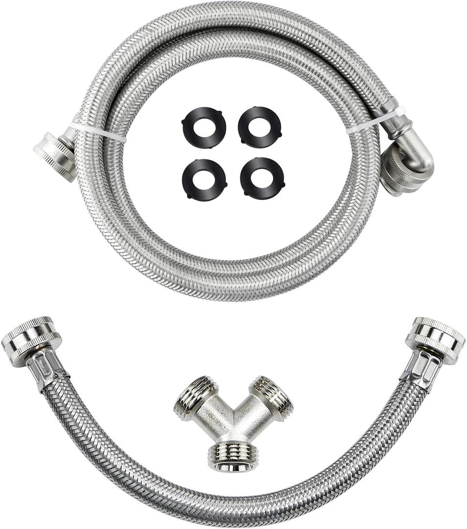 4 Ft Steam Dryer Hose Installation Kit - 90 Degree Elbow Stainless Steel Hose, 1 Ft Inlet Adapter and Y Connector, Fits All Normal Household Water Supply Lines by TOMOON