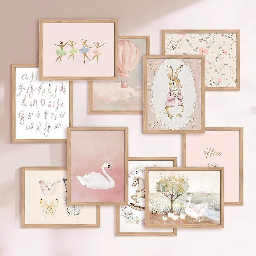 JarThenaAMCS 10Pcs Nursery Wall Art Baby Girl Room Decor Watercolor Pink Wall Art Prints Decor Rabbit Bunny Swan Butterfly Paper Posters for Toddler Bedroom Playroom, 8 x 10 Inch, Unframed