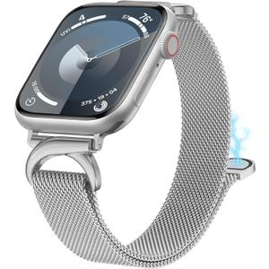 Stainless Steel Loop Compatible with Apple Watch Band 38/40/41/42/44/45/46/49mm, Women Metal Mesh Magnetic Slim Strap with C-Shape Clasp for iwatch SE Series 10/9/8/7/6/5/4/3/2/1 Ultra 1/2 (Silver)