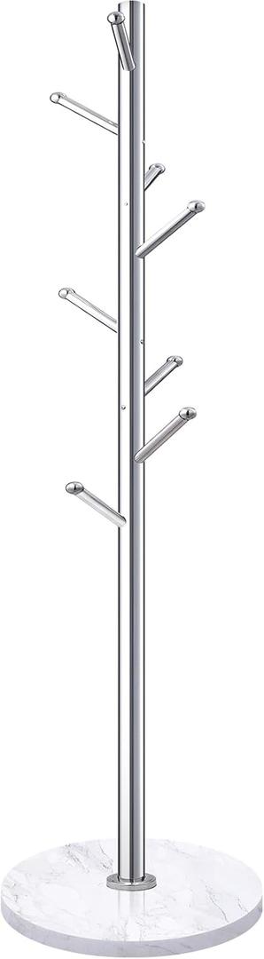 Homde Metal Coat Rack Stand with Natural Marble Base, Stainless Steel Freestanding Clothes Tree Hanger with 8 Hooks, Hall Hanger for Coat Jackets Hat Scarves Handbags Entryway Bedroom (Silver)