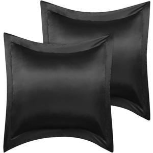 PiccoCasa 2 Pack Satin Pillowcase for Hair and Skin, Euro Sham Pillow Covers Soft Silky Oxford Pillow Cases with Envelope Closure European(26"x26") Black