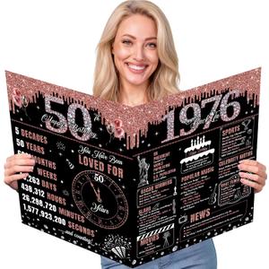 Large 50th Birthday Card for Women, Back in 1976 Rose Gold Jumbo Happy 50th Birthday Greeting Card with Envelope, Big 50 Year Old Party Decorations and Gift Ideas for Her Mom Wife Friends