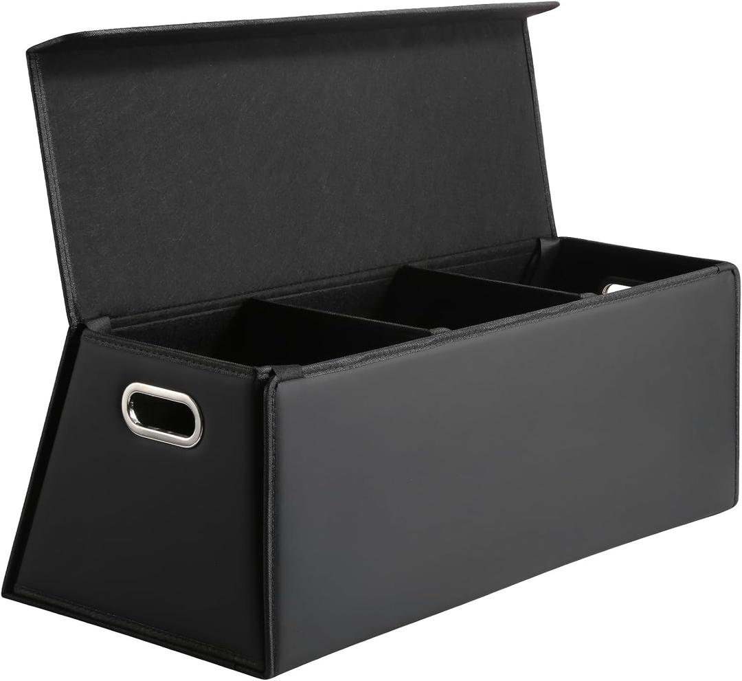 Fyzeoty Car Trunk Organizer for SUV and Sedan, Trapezoidal-Black, 29.5 in | Tailored for Rear Seats, Extra Large, Leather Storage Box, Magnetic Lid, Collapsible & Adjustable, WaterResist & DustProof