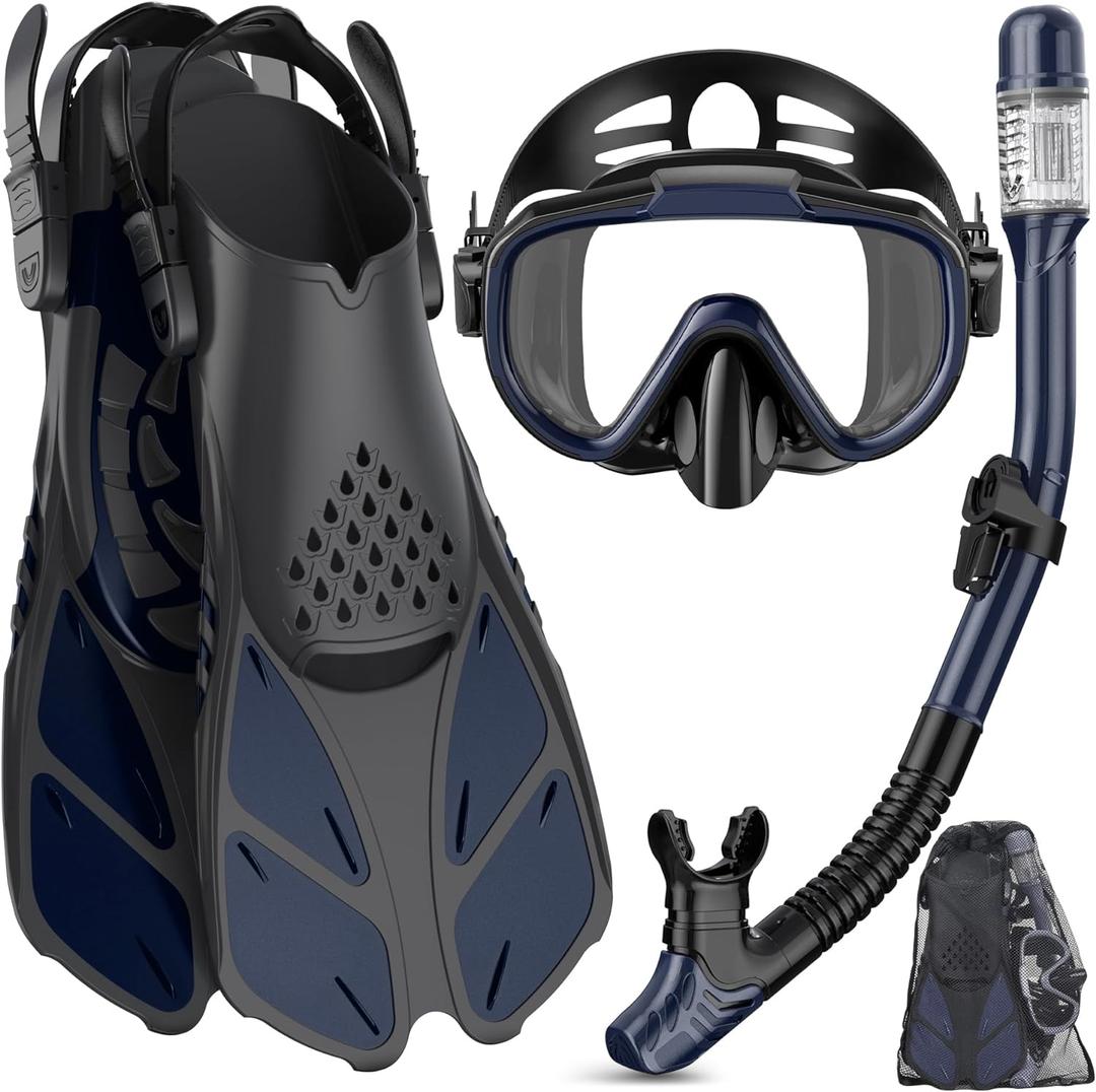 Snorkeling Gear for Adults Men Women,4 in 1 Snorkel Set with Panoramic View Diving Mask Anti-Fog Anti-Leak,Dry Top Snorkel,Fins and Travel Bag for Swimming,Snorkeling and Travel Diving (Small-Medium, NavyBlue)