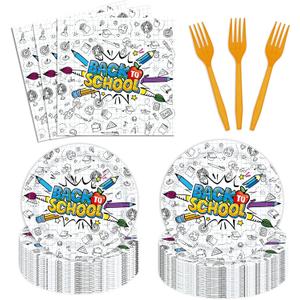 96Pcs Welcome Back To School Party Plates Supplies First Day of School Party Tableware Decorations Kids Teacher Students Disposable Paper Plates Napkins Forks Serves 24