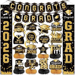 Graduation Decorations Class of 2026 Black and Gold Congrats Grad Banner We are So Proud of You Hanging Swirls Class of 2026 Honeycomb Centerpieces for High School College Grad Party Supplies (Black Gold)