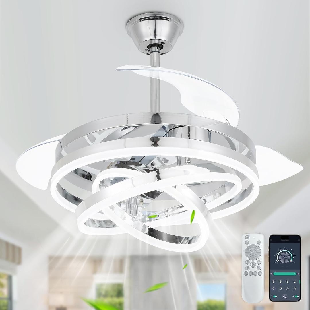 42" Retractable Ceiling Fan with Lights Remote Modern Fandelier Chandelier Ceiling Fans Quiet Reversible DC Motor 3000K-6000K Dimmable LED 3 Colors 6 Wind Speeds for Bedroom Living Room