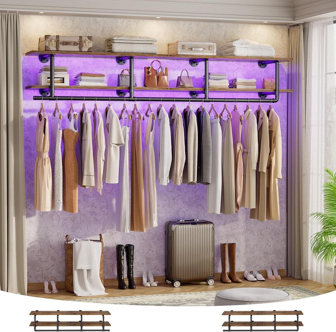 Aheaplus 59In Industrial Pipe Clothes Rack with Top Shelf, Rustic Brown