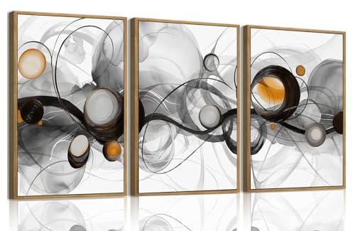 OIQArtOIQ 3 Piece Large Abstract Canvas Wall Art For Living Room Grey and Gold Framed Wall Art Fluid Lines Minimalist Modern Aesthetic Art Prints Artwork For Bedroom Office Dining Room 24x36 in