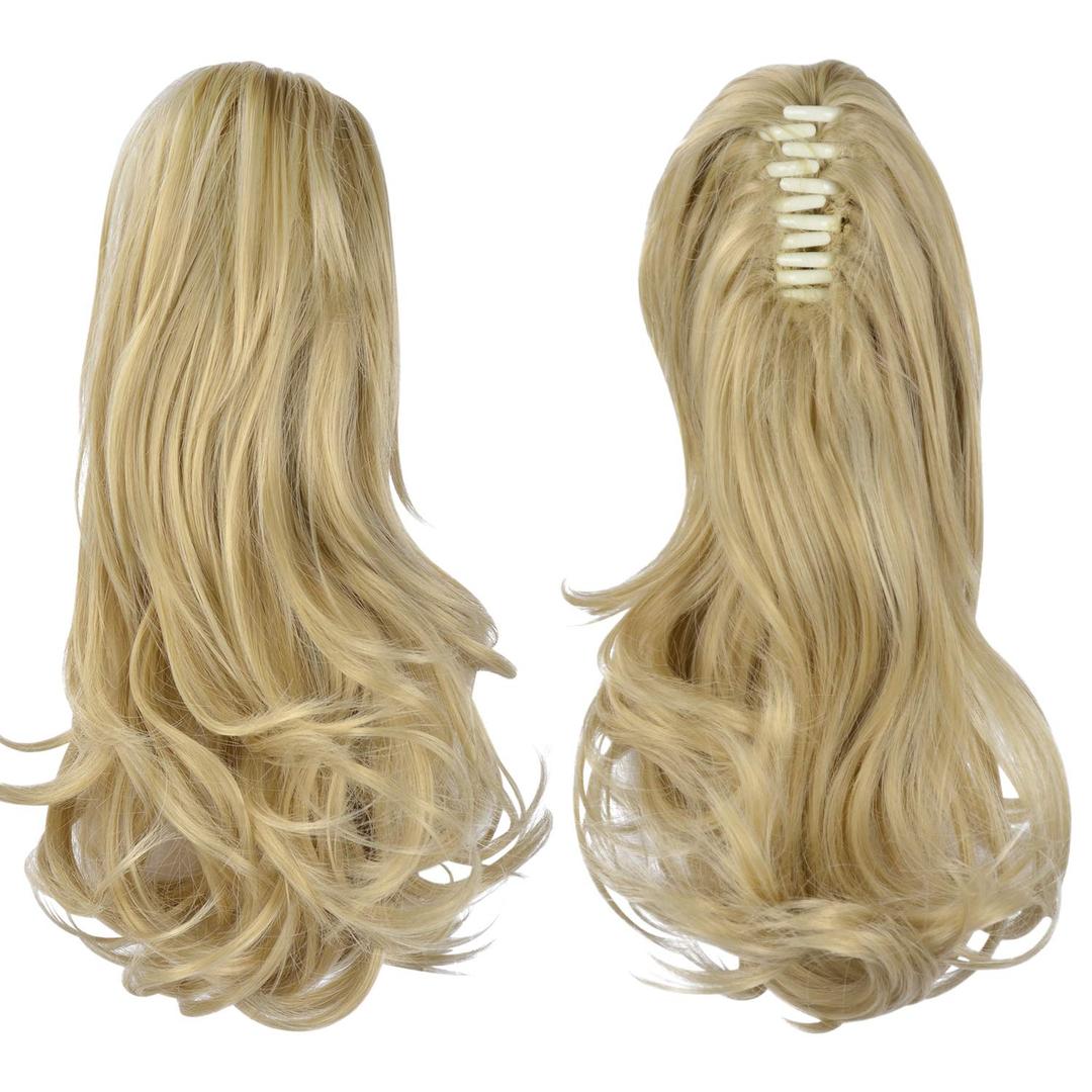 Sofeiyan 13" Ponytail Extension Long Curly Ponytail Clip in Claw Hair Extension Natural Looking Synthetic Hairpiece for Women, Light Blonde mix Bleach Blonde Evenly