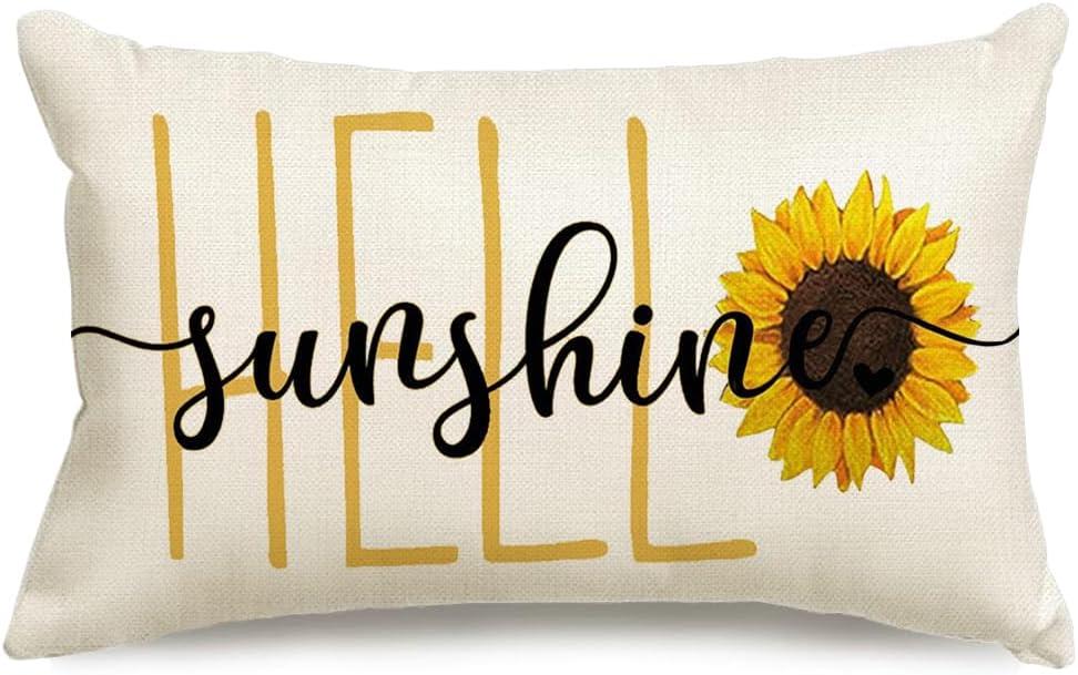 2 x RABUSOFA Hello Sunshine Quote Sunflower Spring Summer Pillow Covers,Seasonal Outdoor Decorative Cushion Case Summer Decorations for Home Sunflower Decor 12x20 Inch