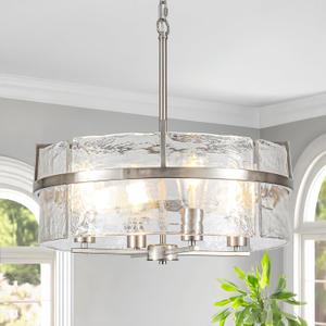 Modern Drum Chandeliers for Dining Room,19.7" Water Ripple Glass Chandelier Over Table Brushed Nickel Crystal Pendant Light Fixtures for Hight Ceiling Living Room Entryway Bedroom Kitchen,E26