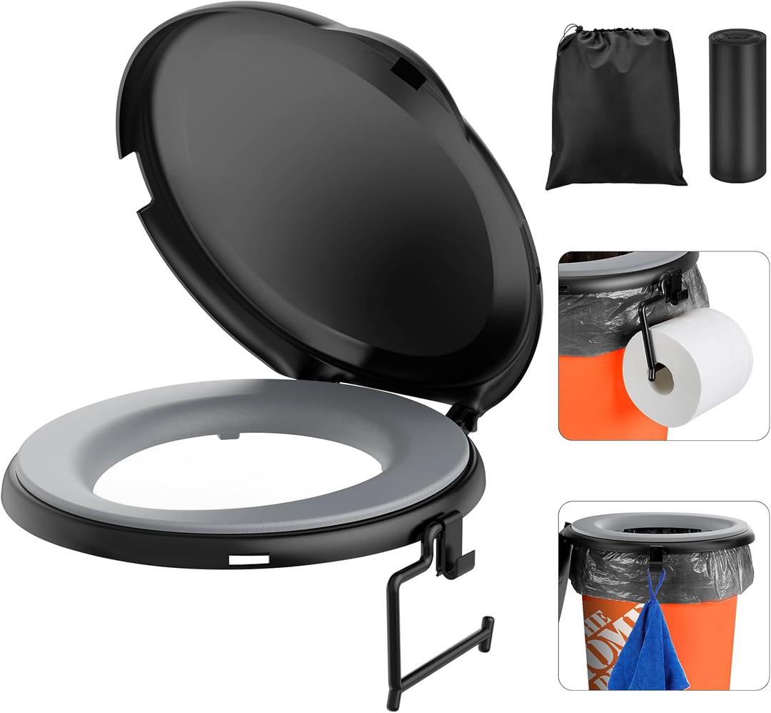 Bucket Toilet Seat with Cushion, 5 Gal Bucket Toilet Seat with Lid for Camping, Soft Cushion Toilet Seat with Storage Bags and Disposable Toilet Bags, Camping, Hiking, Emergency, Car, Boat
