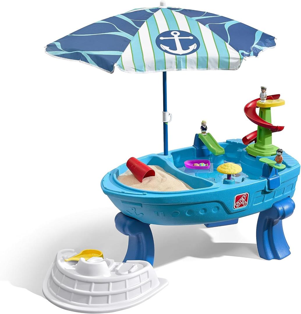 Step2 Fiesta Cruise Sand & Water Table with Umbrella, Kids Activity Sensory Playset, Summer Outdoor Toys, 10 Piece Water Toy Accessories, for Toddlers 2+ Years Old (Multicolor)