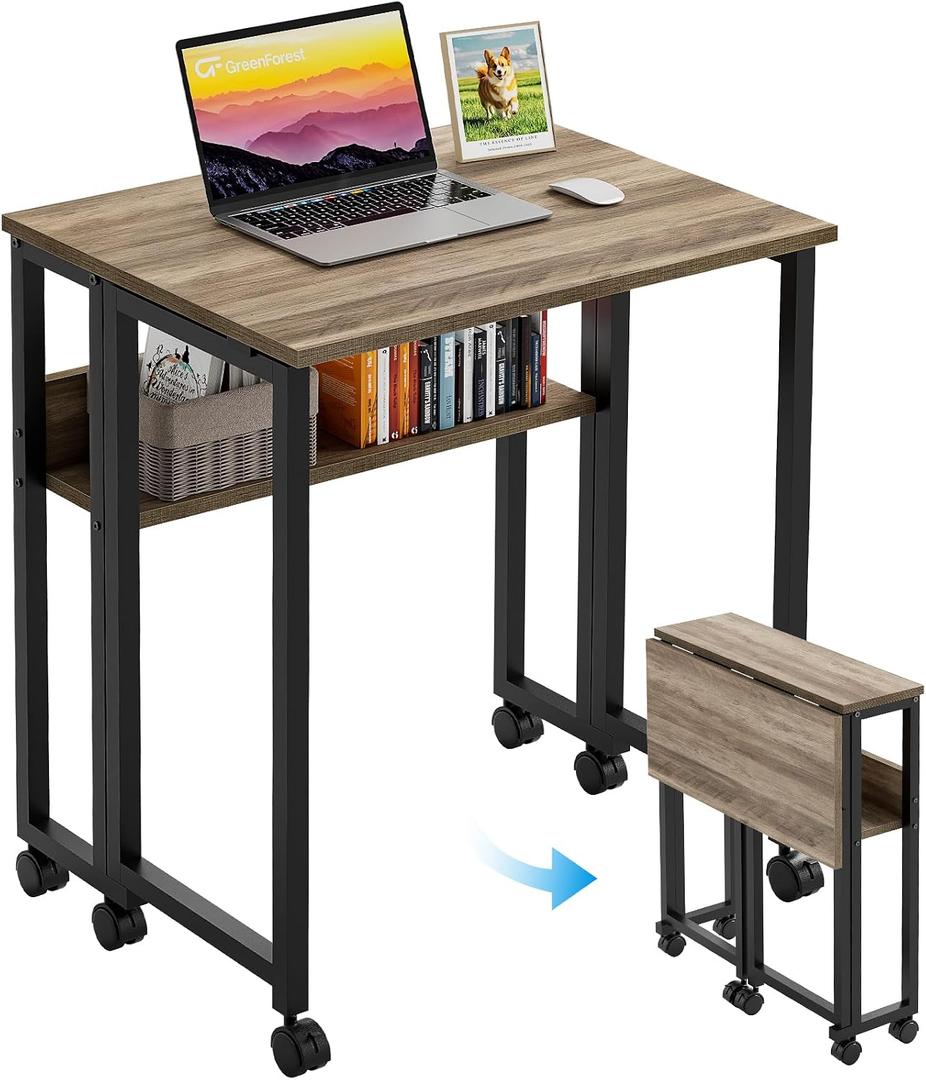 GreenForest Folding Desk Small Rolling Desk with Storage Shelf, 24.8 inch Foldable Computer Desk with Wheels for Small Space, Easy Assembly, Grey Wash