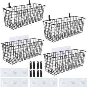 4 Set [EXTRA LARGE] Hanging Wall Mount Storage Baskets with Adhesive Hooks & Steel Hooks, Multiuse Sturdy Wire Metal Organizing Baskets for Home Kitchen Bathroom Pantry Utility Organizer, Black
