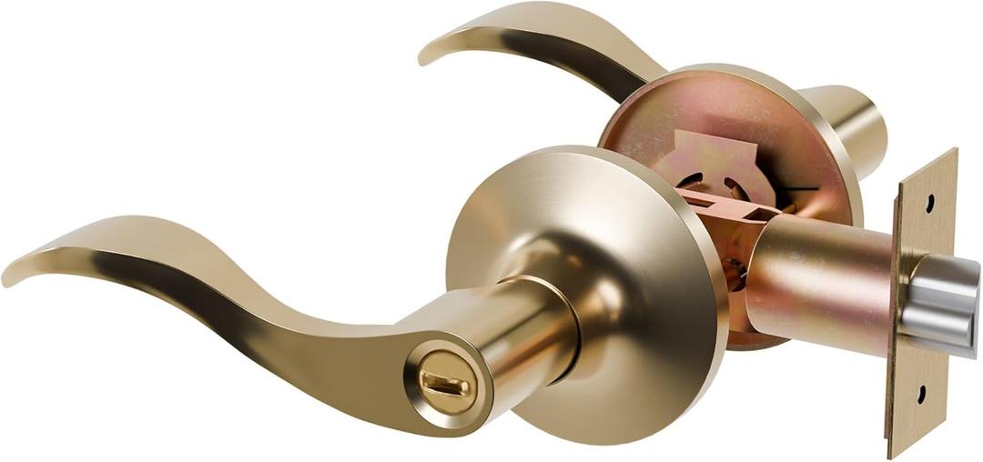 1 Pack of HENYIN Wave Lever Door Lock/Door Knob Hardware Handle and Closet Lockset, Gold Color, Bathroom Version Without Key,Left Hand (805-G-L-Bk)